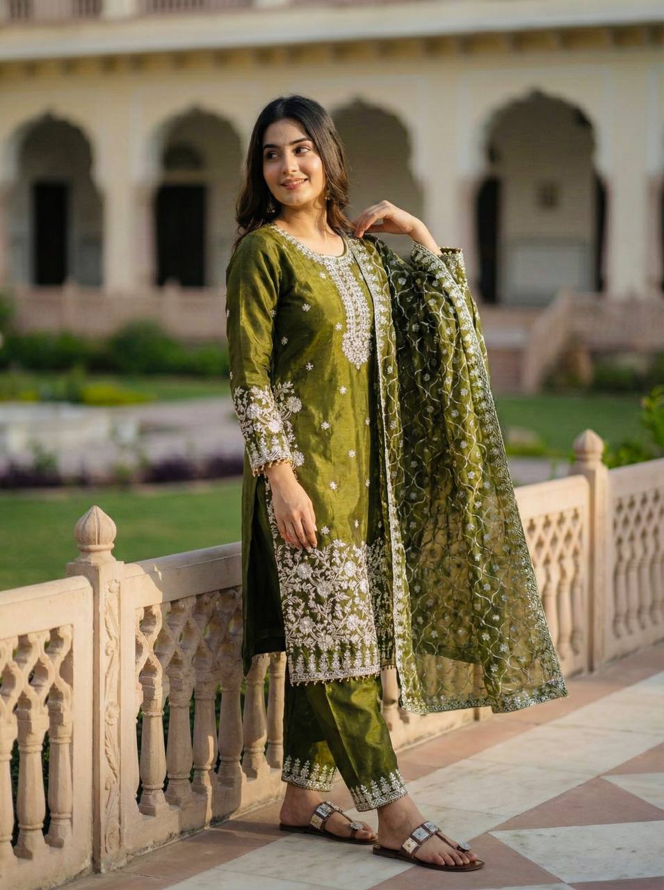 Moss Green Designer GMY Silk Plazzo Top and Dupatta For Party Wear