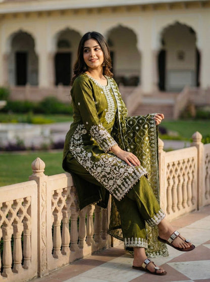 Moss Green Designer GMY Silk Plazzo Top and Dupatta For Party Wear