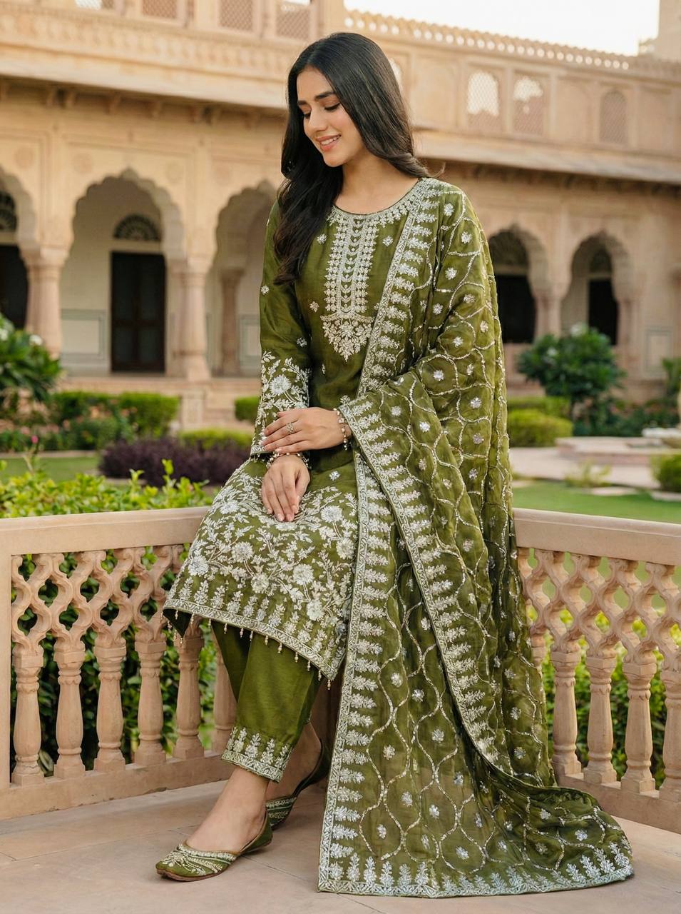 Moss Green Designer GMY Silk Plazzo Top and Dupatta For Party Wear