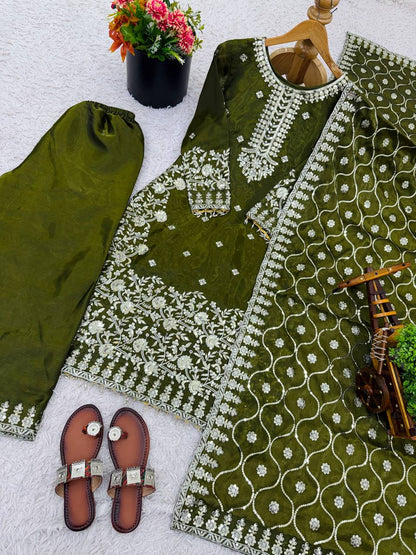 Moss Green Designer GMY Silk Plazzo Top and Dupatta For Party Wear