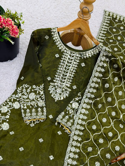 Moss Green Designer GMY Silk Plazzo Top and Dupatta For Party Wear