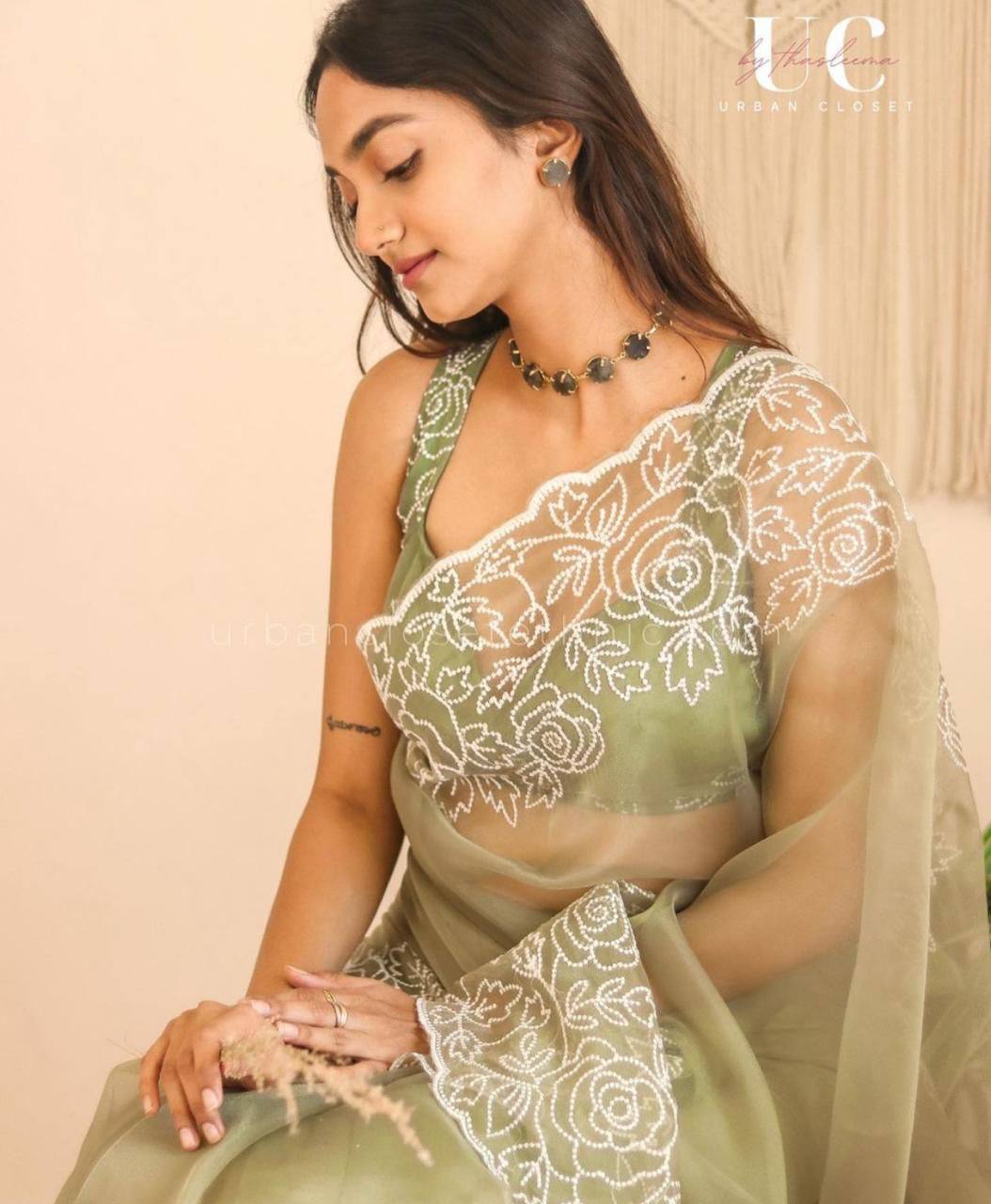Moss Green Pure Organza Saree with White Embroidery Floral Border