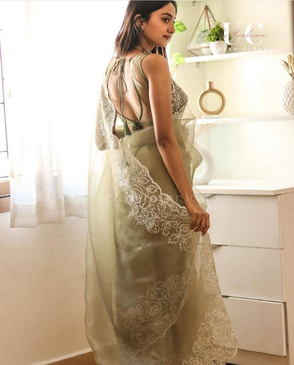 Moss Green Pure Organza Saree with White Embroidery Floral Border