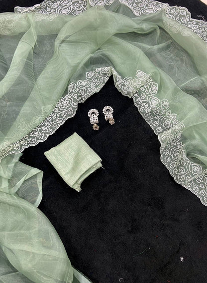 Moss Green Pure Organza Saree with White Embroidery Floral Border