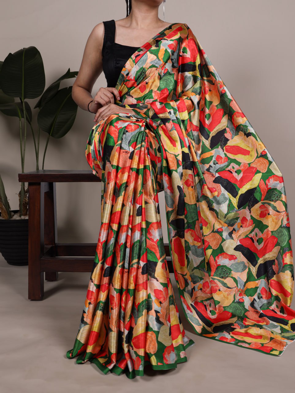 Multi-color Floral Satin Silk Printed Saree with Banglory Black Blouse