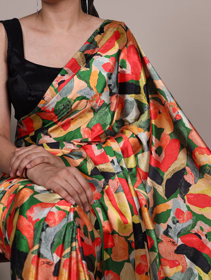 Multi-color Floral Satin Silk Printed Saree with Banglory Black Blouse