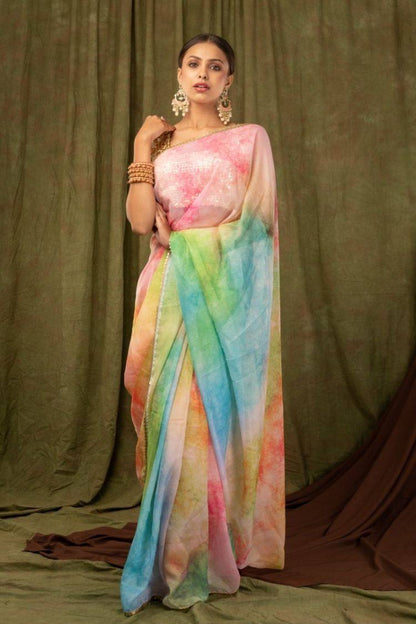 Multi-Color Pure Khadi Organza Saree with Golden Banglori Blouse