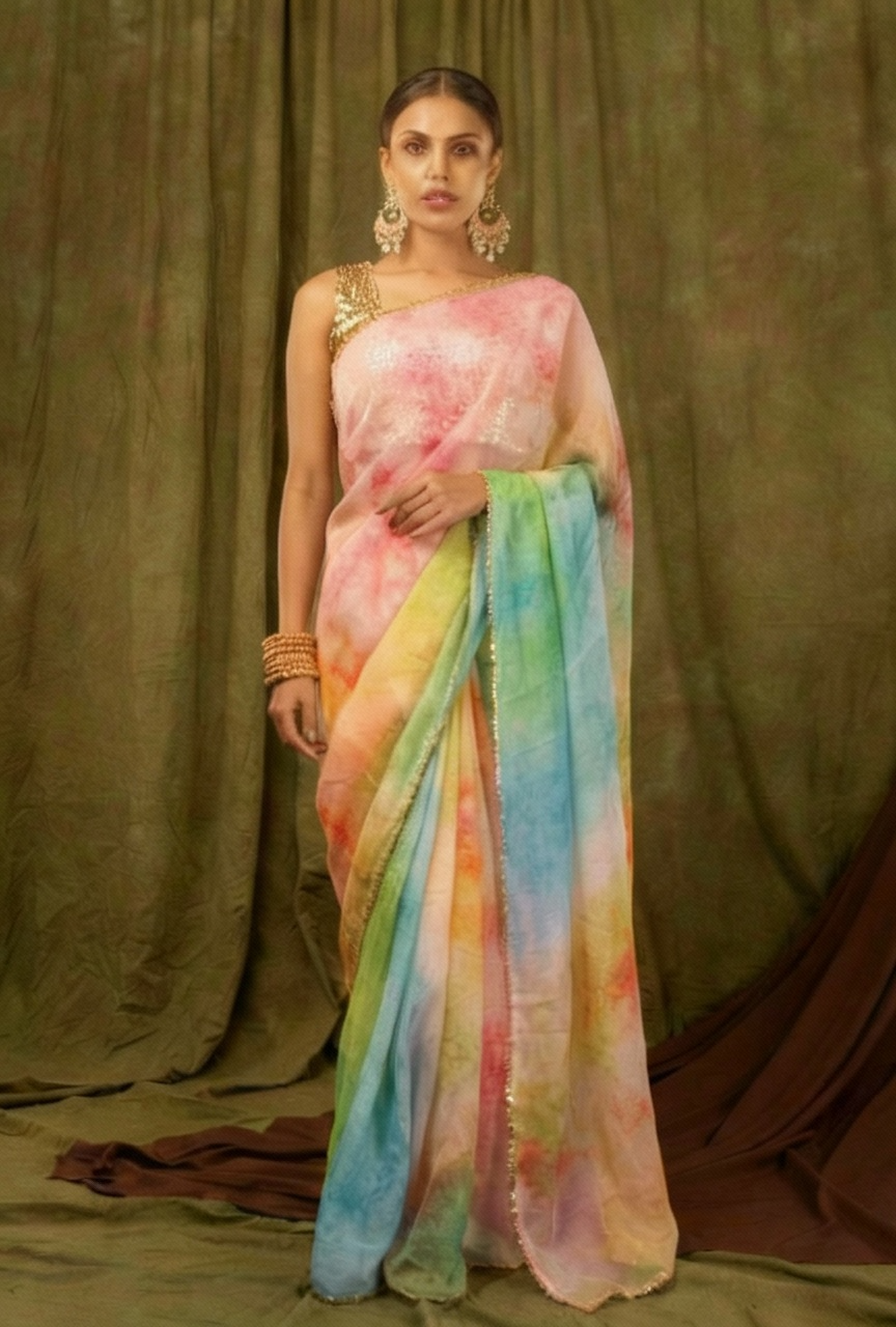 Multi-Color Pure Khadi Organza Saree with Golden Banglori Blouse
