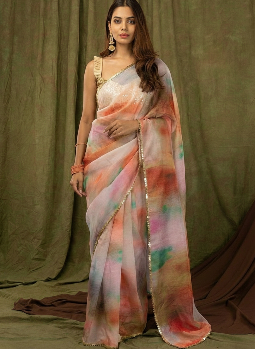 multicolor Pure Khadi Organza Saree with Banglori Blouse