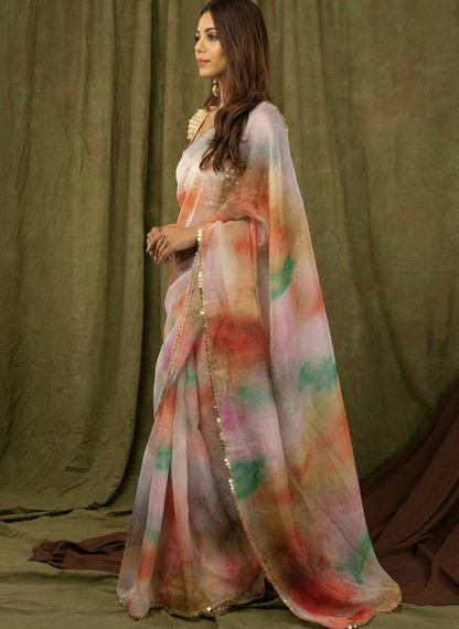 multicolor Pure Khadi Organza Saree with Banglori Blouse