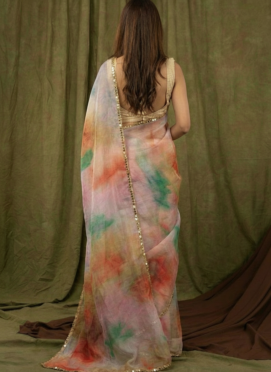 multicolor Pure Khadi Organza Saree with Banglori Blouse