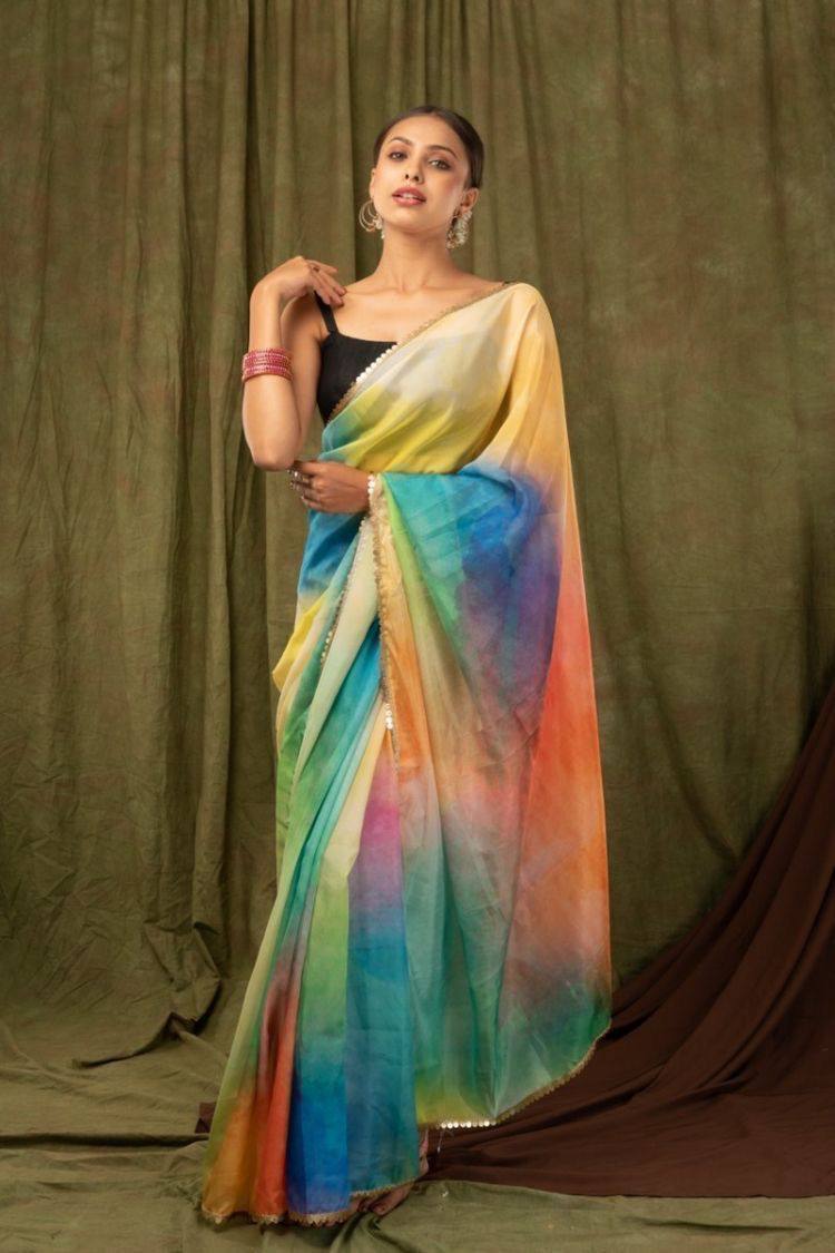 Multicolor Pure Khadi Organza Saree with Golden Banglori Blouse