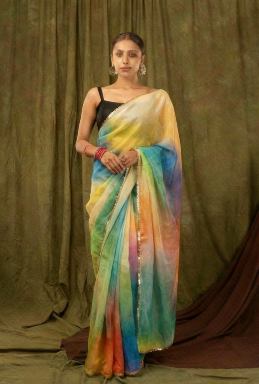 Multicolor Pure Khadi Organza Saree with Golden Banglori Blouse