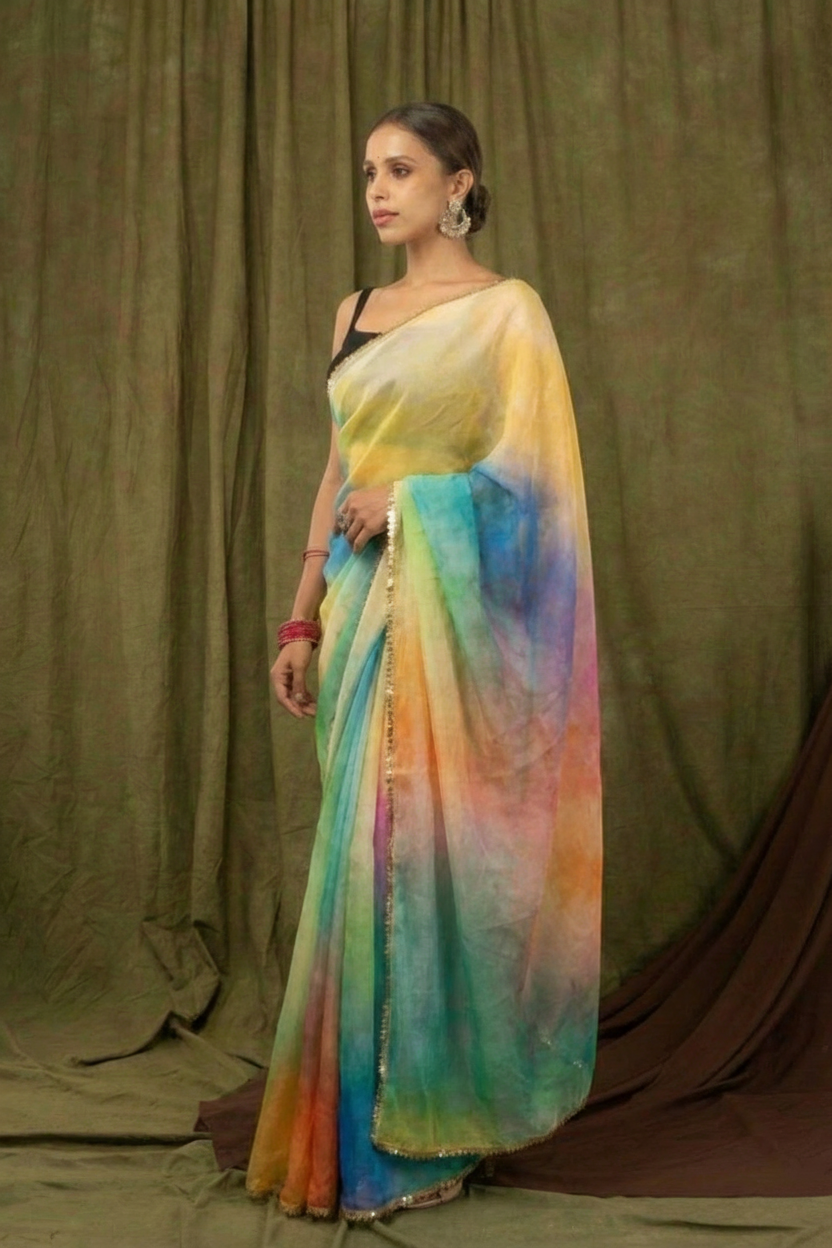 Multicolor Pure Khadi Organza Saree with Golden Banglori Blouse