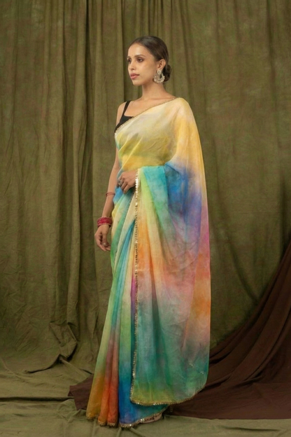 Multicolor Pure Khadi Organza Saree with Golden Banglori Blouse
