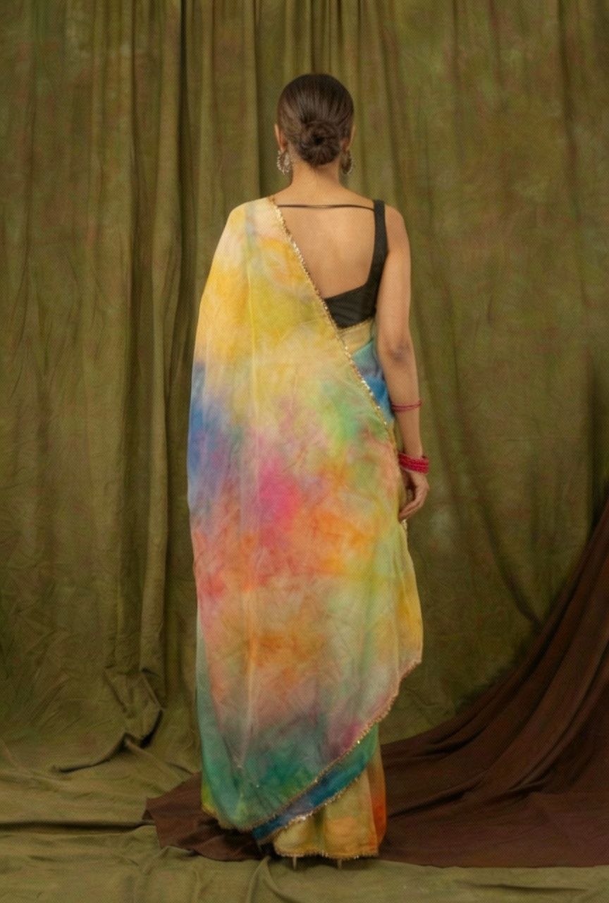 Multicolor Pure Khadi Organza Saree with Golden Banglori Blouse