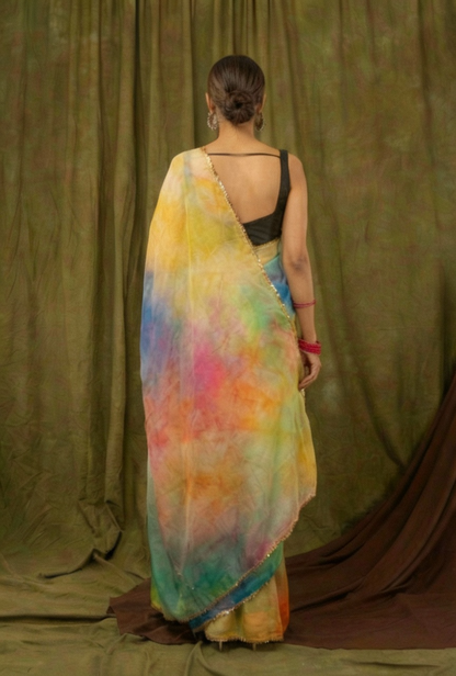 Multicolor Pure Khadi Organza Saree with Golden Banglori Blouse