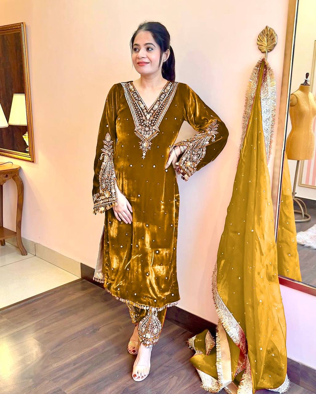 Mustard Designer Viscose Velvet Plazzo Top and Dupatta For Party Wear