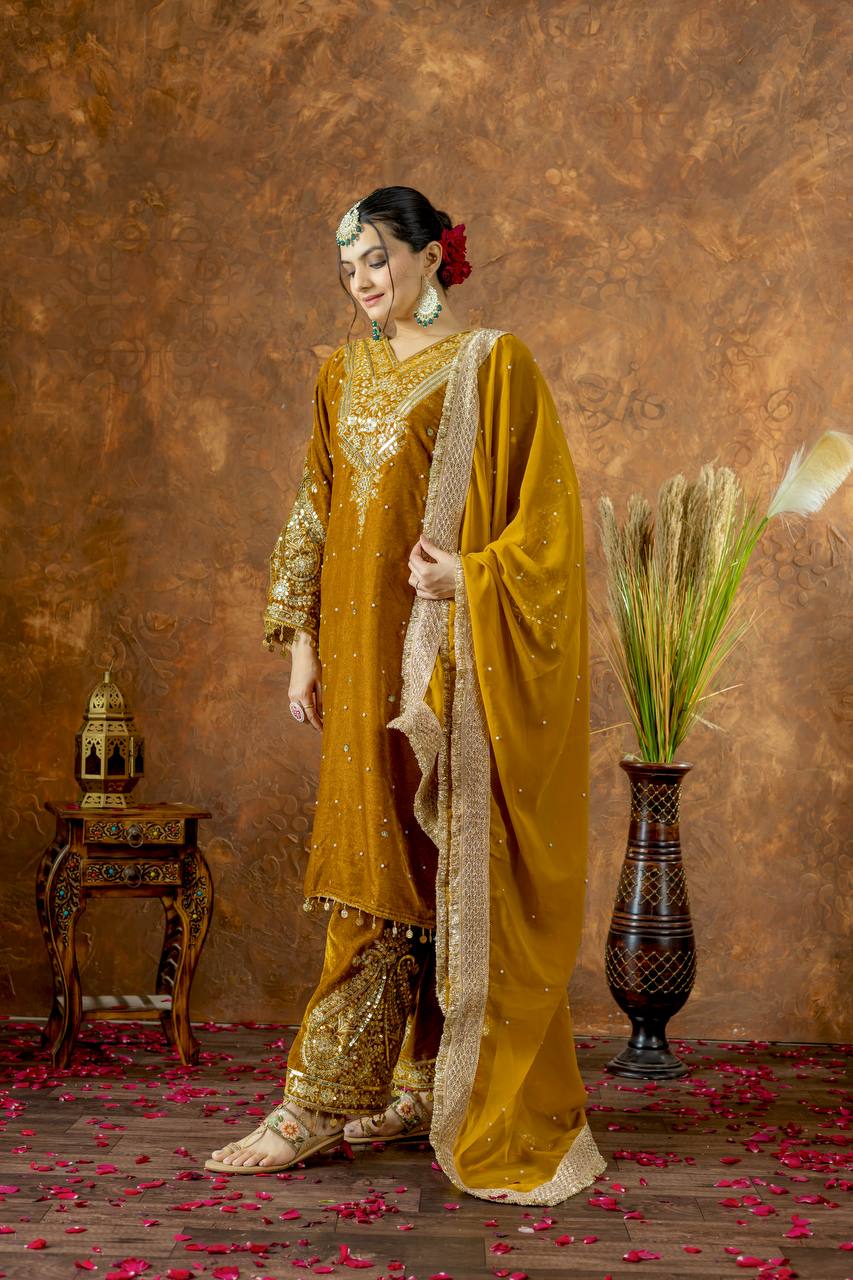 Mustard Designer Viscose Velvet Plazzo Top and Dupatta For Party Wear