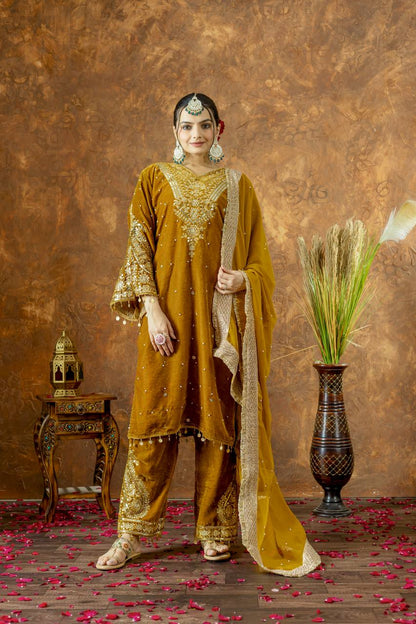Mustard Designer Viscose Velvet Plazzo Top and Dupatta For Party Wear