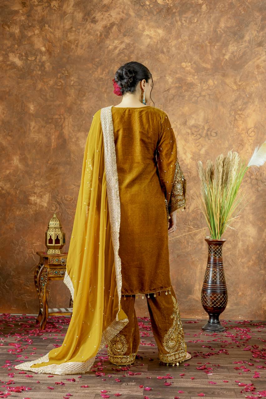 Mustard Designer Viscose Velvet Plazzo Top and Dupatta For Party Wear