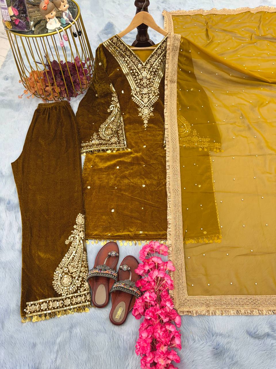 Mustard Designer Viscose Velvet Plazzo Top and Dupatta For Party Wear