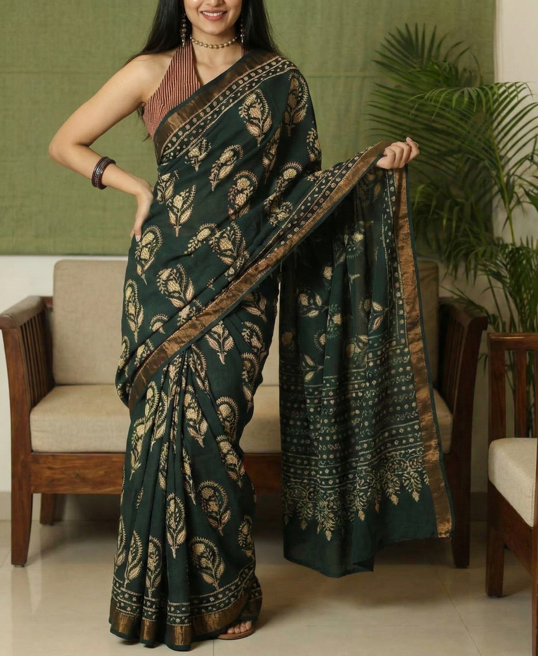 Mustard Green Mulmul Cotton Digital Print Saree with Banglori Blouse