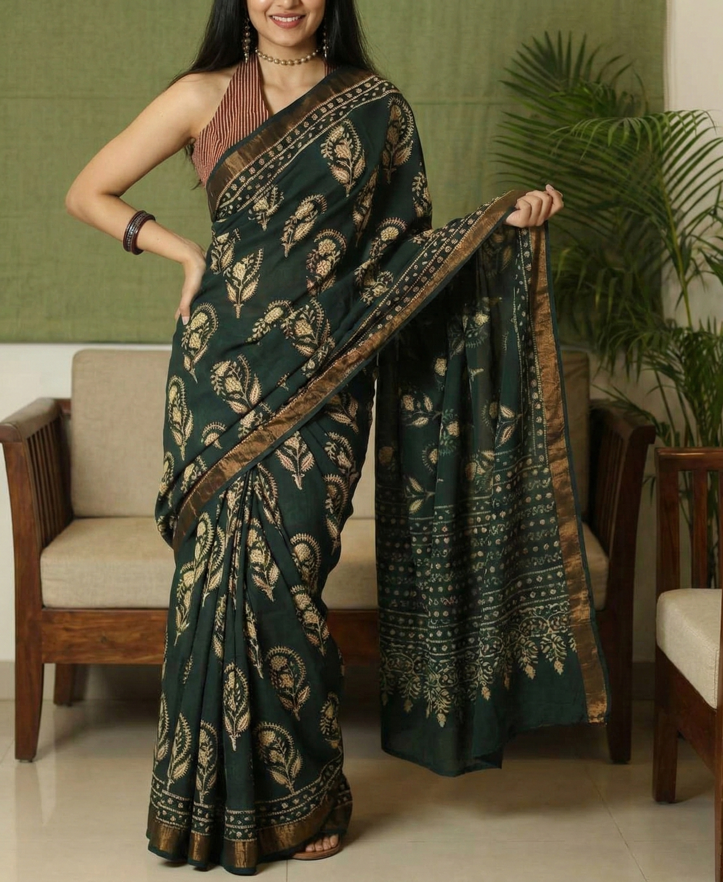 Mustard Green Mulmul Cotton Digital Print Saree with Banglori Blouse
