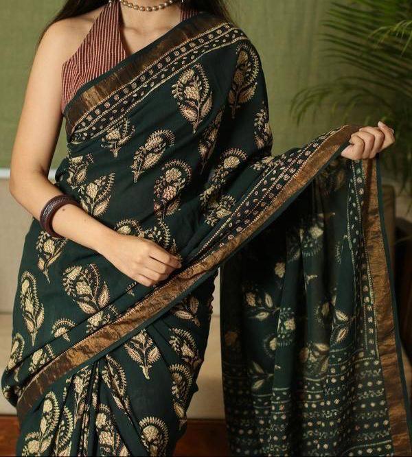 Mustard Green Mulmul Cotton Digital Print Saree with Banglori Blouse