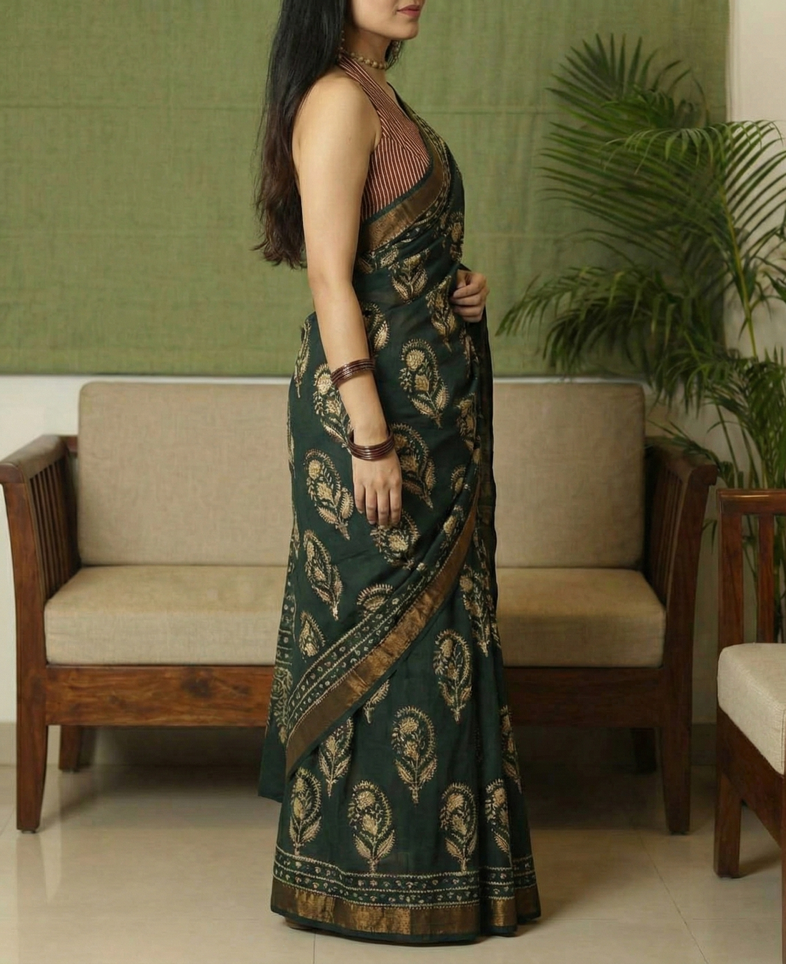 Mustard Green Mulmul Cotton Digital Print Saree with Banglori Blouse