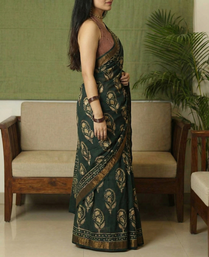 Mustard Green Mulmul Cotton Digital Print Saree with Banglori Blouse