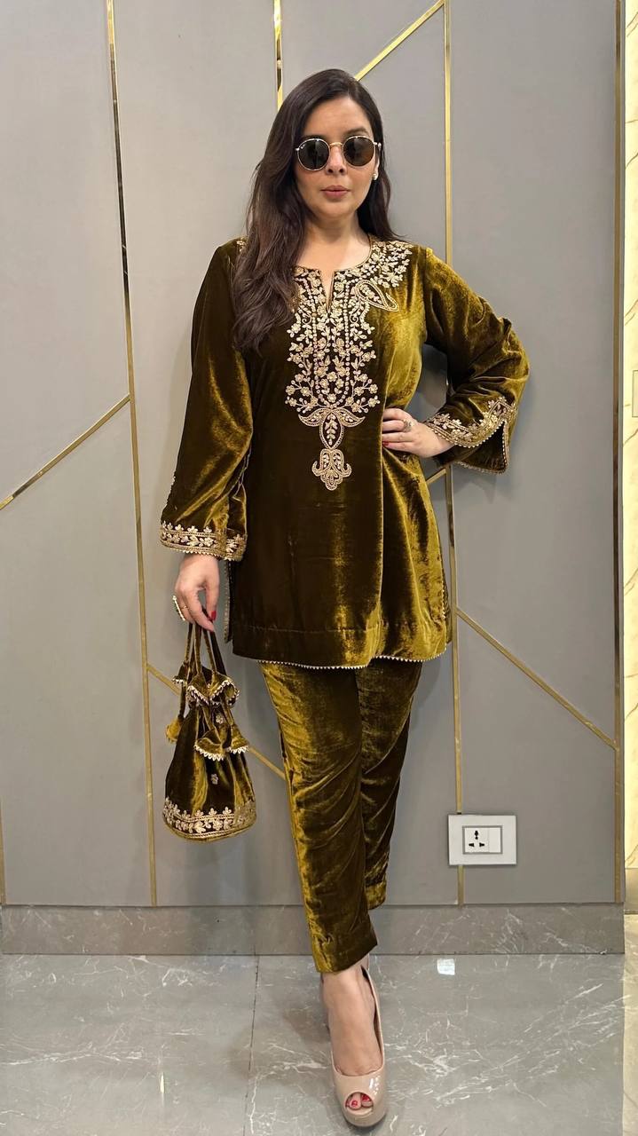 Mustard Heavy Viscose Velvet Embroidery Sharara Suit For Party Wear