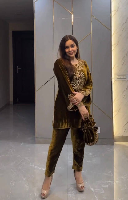 Mustard Heavy Viscose Velvet Embroidery Sharara Suit For Party Wear