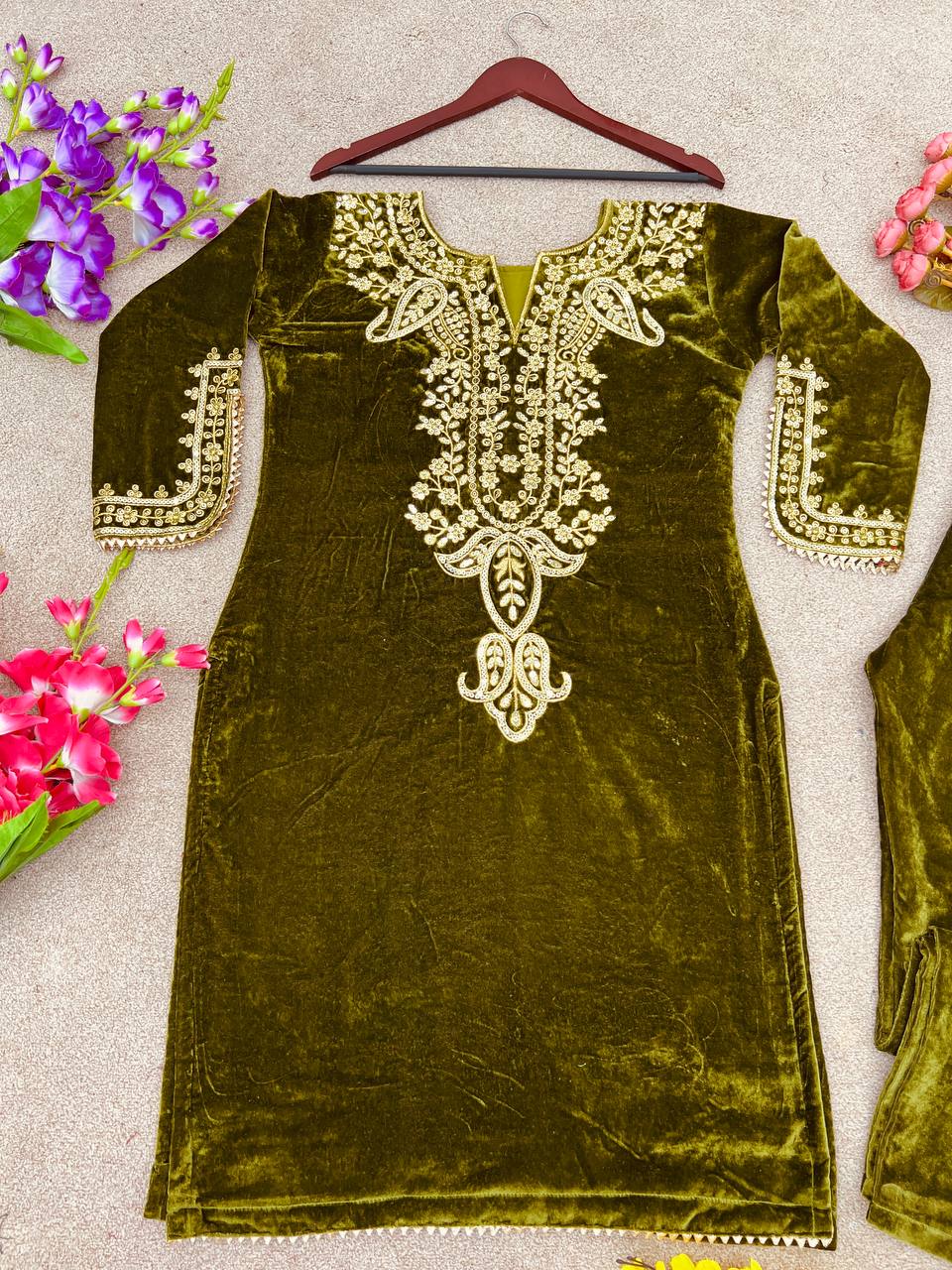 Mustard Heavy Viscose Velvet Embroidery Sharara Suit For Party Wear