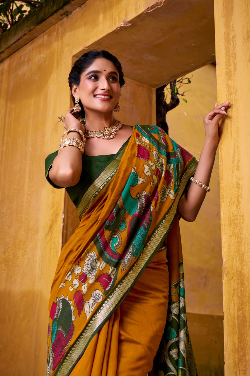 Mustard Kalamkari Print Chanderi Saree with Zari Weaving Border