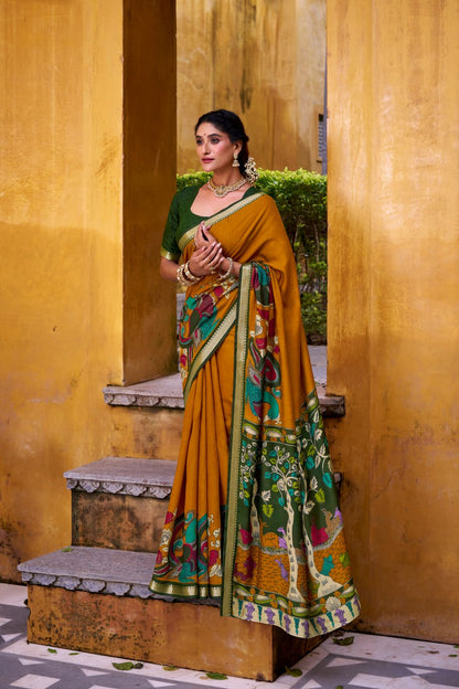 Mustard Kalamkari Print Chanderi Saree with Zari Weaving Border