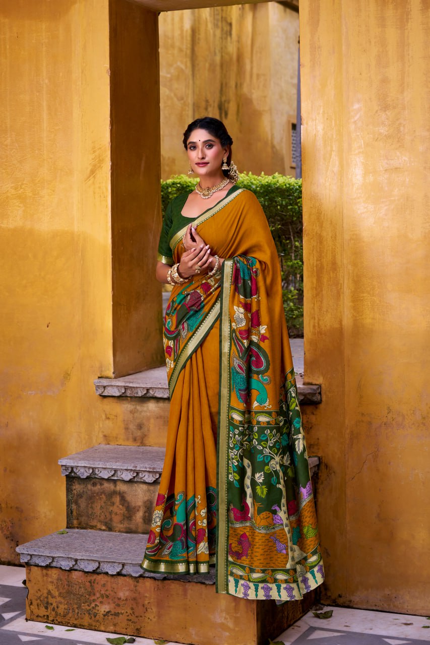 Mustard Kalamkari Print Chanderi Saree with Zari Weaving Border