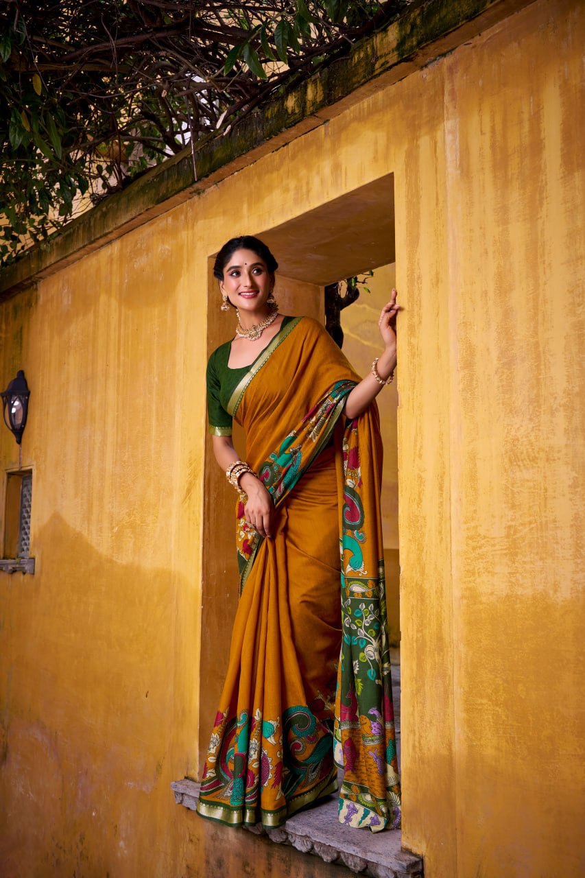 Mustard Kalamkari Print Chanderi Saree with Zari Weaving Border