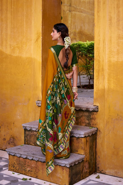 Mustard Kalamkari Print Chanderi Saree with Zari Weaving Border