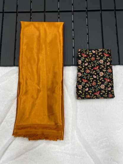 Mustard Luxury Smooth Satin Saree with Designer Embroidery Blouse