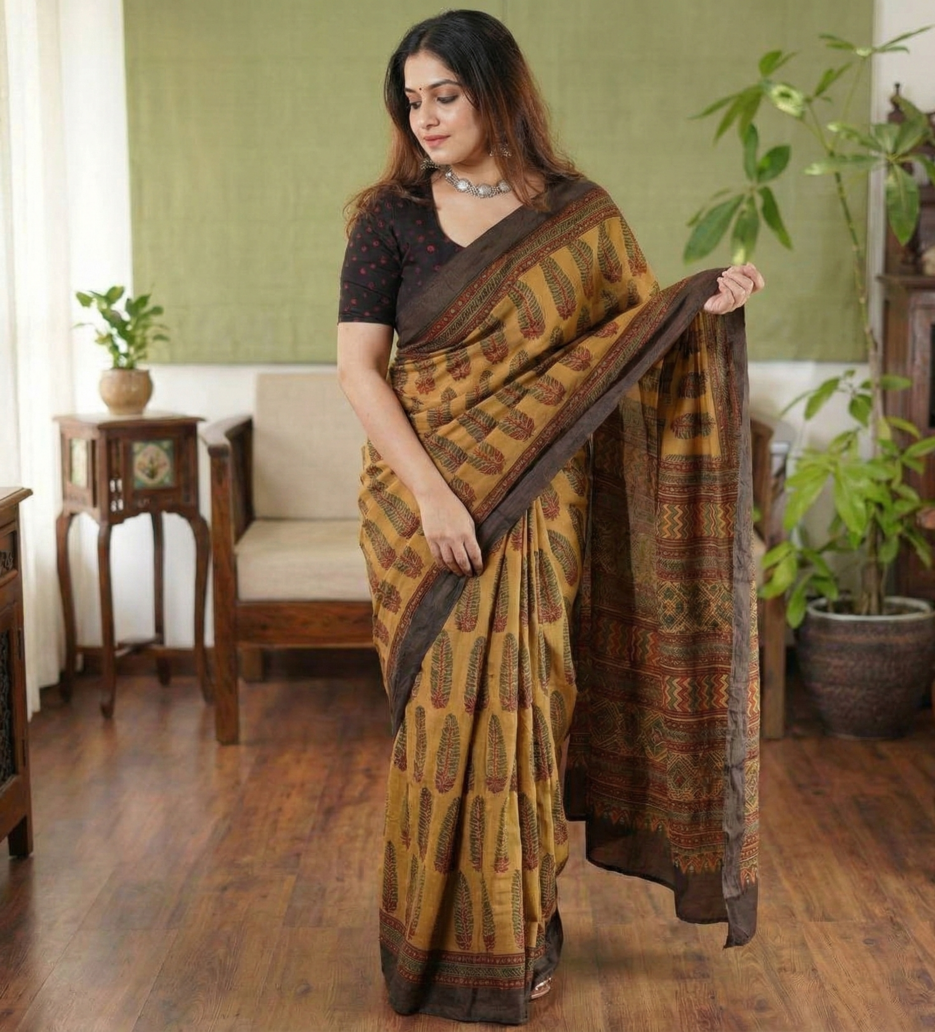 Mustard Mulmul Cotton Digital Print Saree with Banglori Blouse