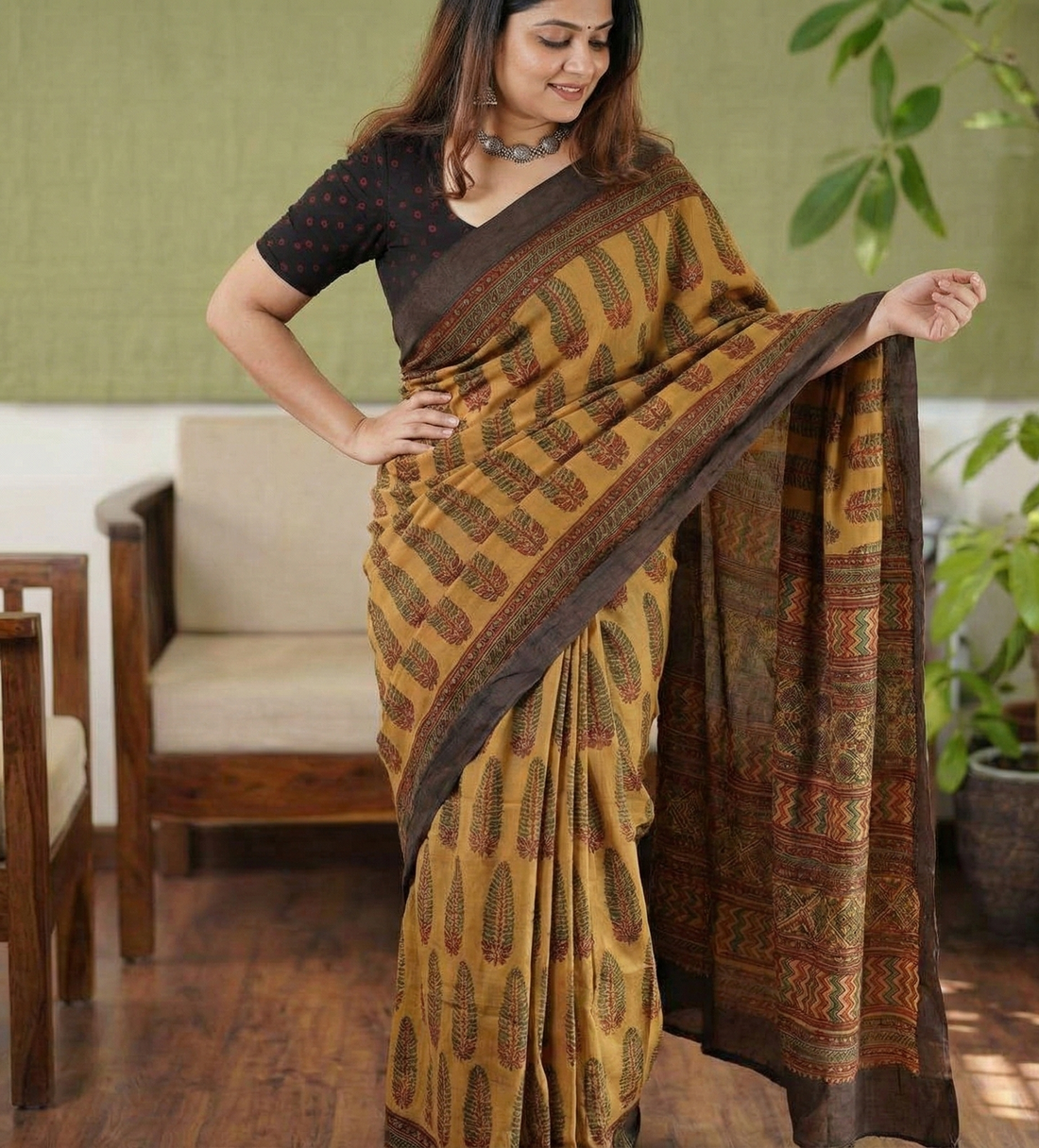 Mustard Mulmul Cotton Digital Print Saree with Banglori Blouse