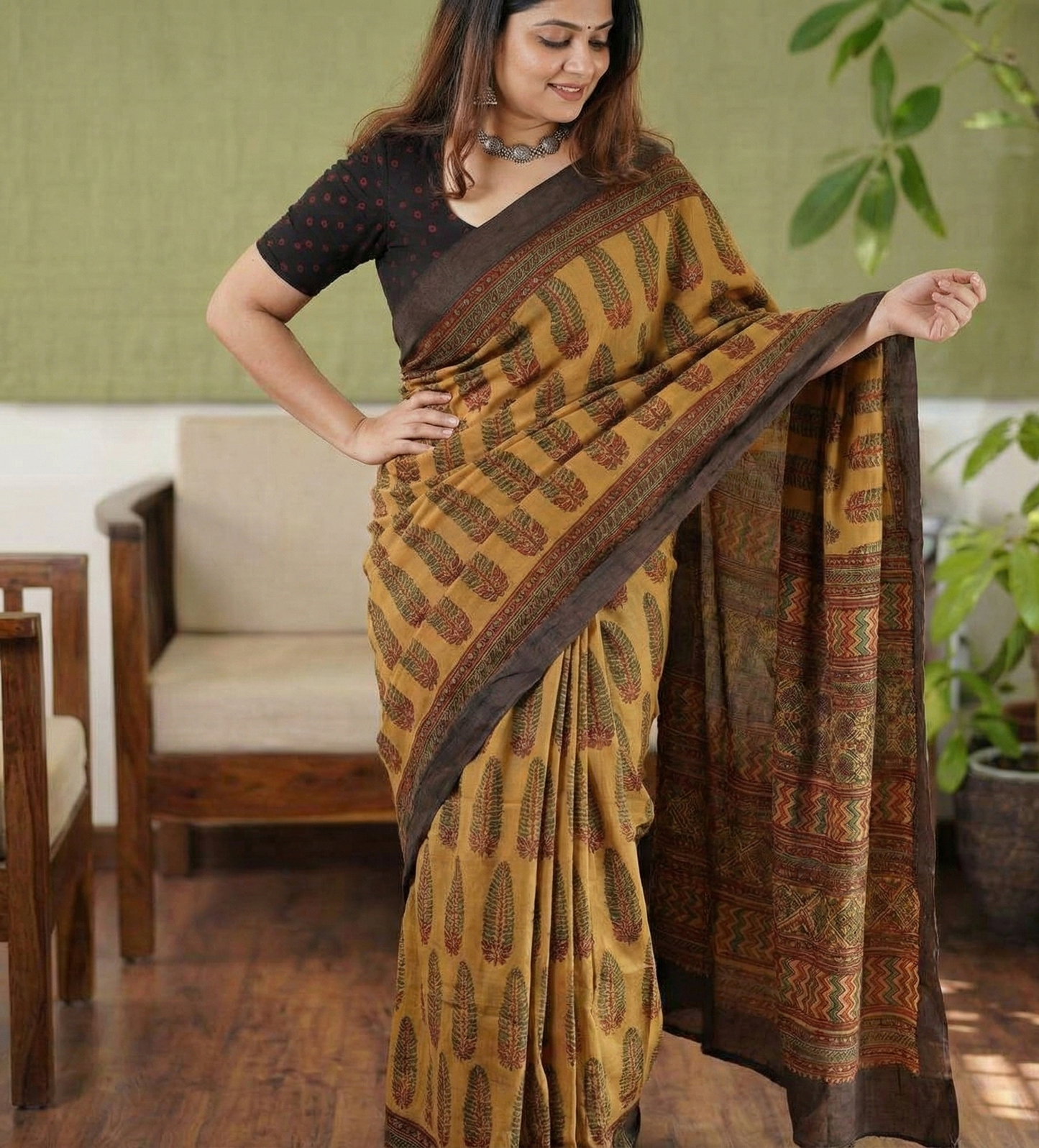 Mustard Mulmul Cotton Digital Print Saree with Banglori Blouse