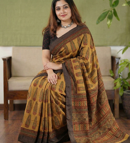 Mustard Mulmul Cotton Digital Print Saree with Banglori Blouse