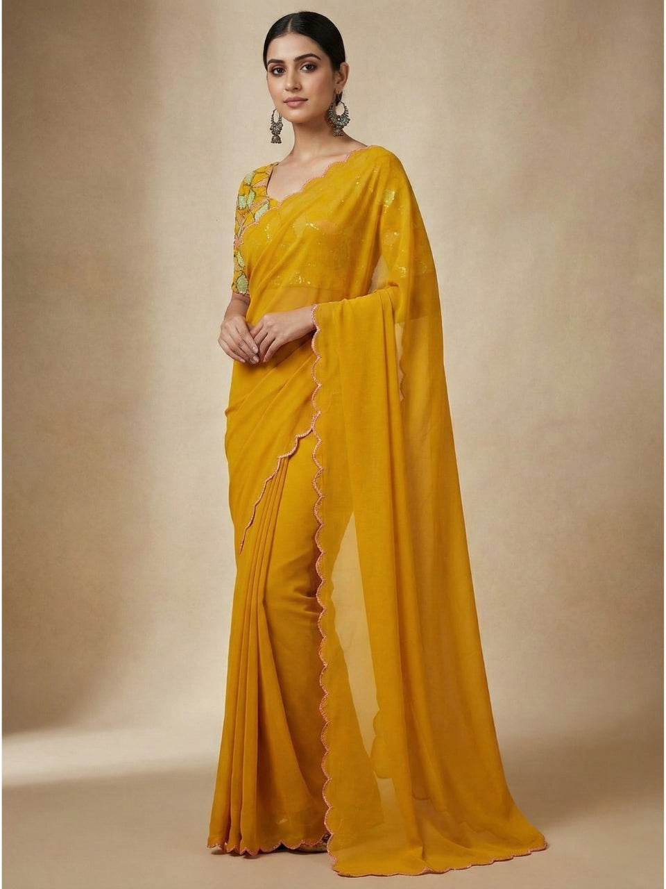 Mustard Smooth Georgette Saree with Aari Border & Embroidery Blouse