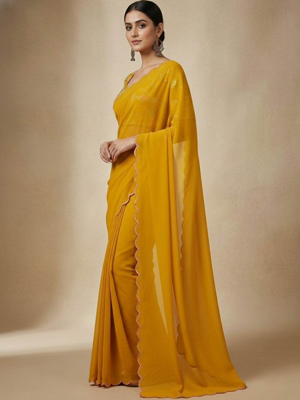 Mustard Smooth Georgette Saree with Aari Border & Embroidery Blouse