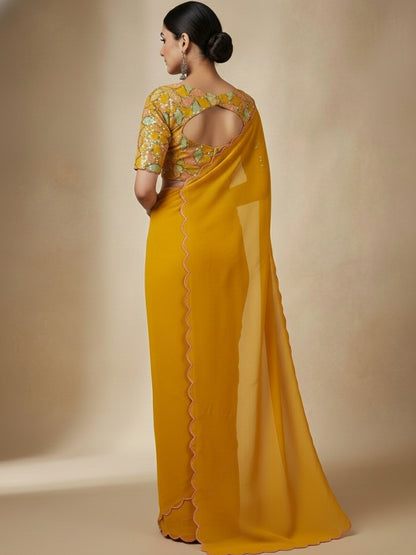 Mustard Smooth Georgette Saree with Aari Border & Embroidery Blouse