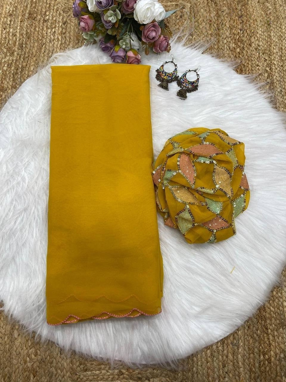 Mustard Smooth Georgette Saree with Aari Border & Embroidery Blouse