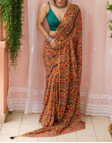 Mustard Soft Mulmul Cotton Digital Print Saree with Banglori Blouse