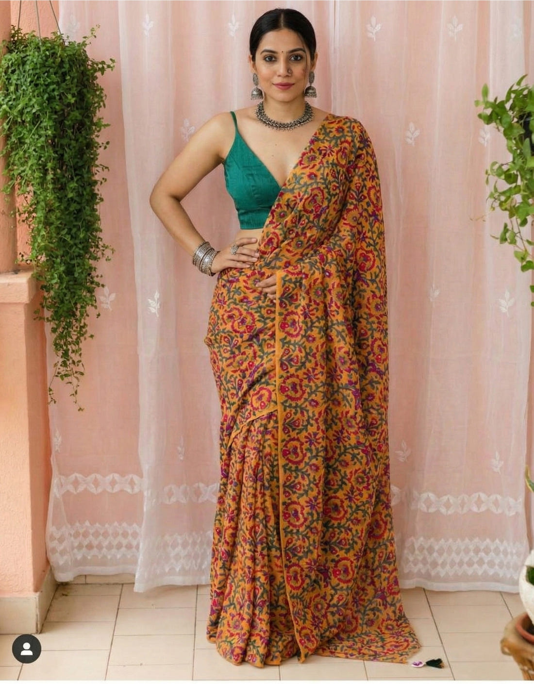 Mustard Soft Mulmul Cotton Digital Print Saree with Banglori Blouse